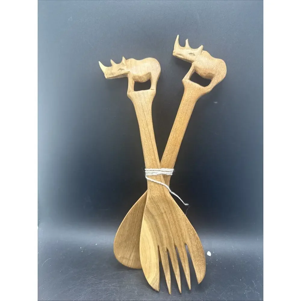 Vintage Hand Carved Wooden Rhinoceros Salad Serving Spoon Fork Teak Wood Set